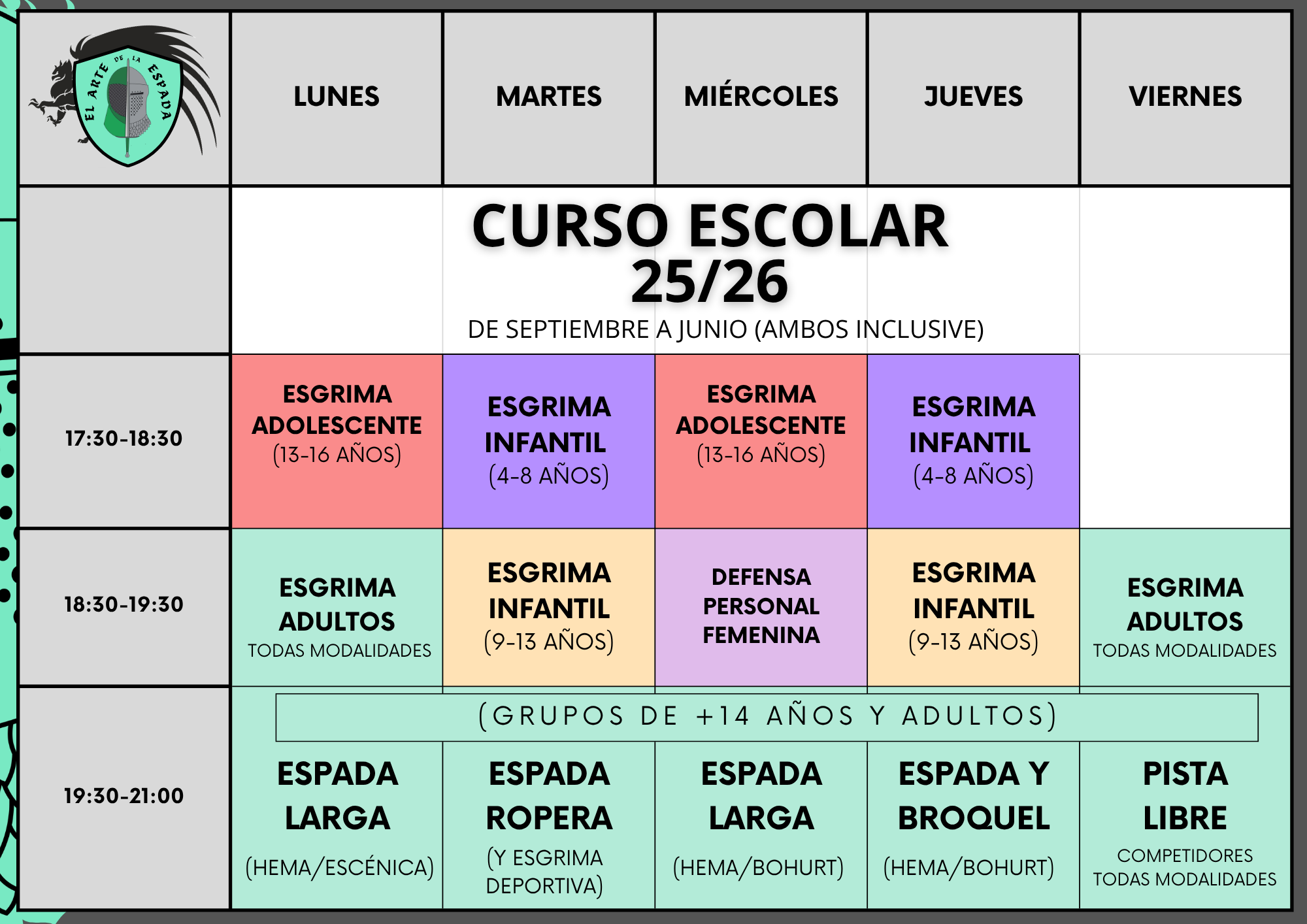 Horario del curso escolar 25-26 en colores organizado por disciplinas y grupos de edades